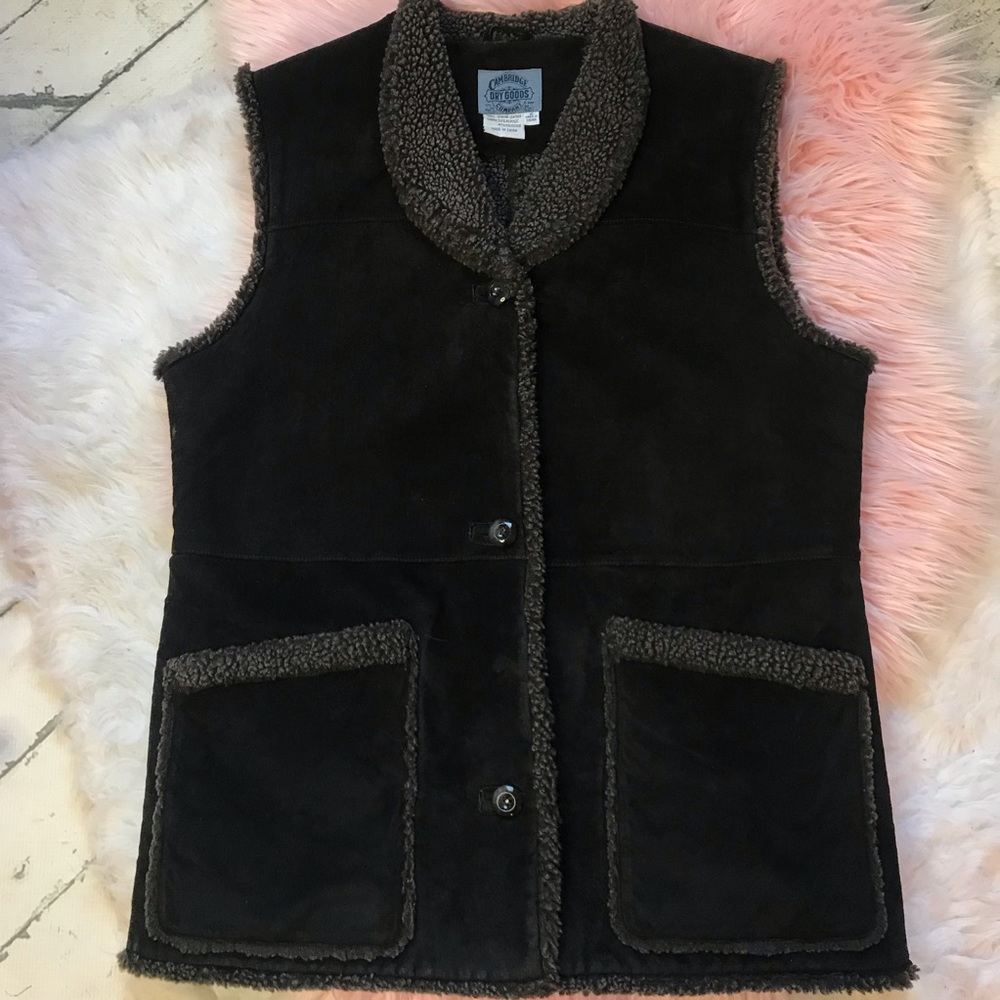 Vintage Cambridge Dry Goods Suede Leather Sherpa Black Vest Sz S